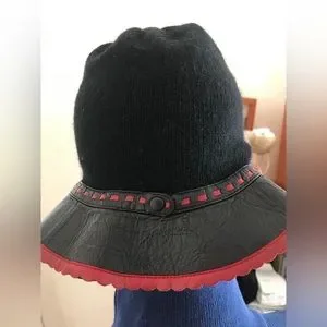 Moschino black cashmere and leather hat with red trip & accent button. Worn once Moschino | Accessories | Moschino Black Cashmere And Leather  main image 2